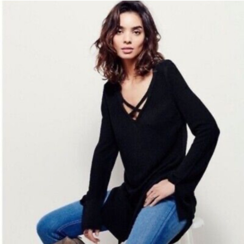 Free People Black Criss Cross V-Neck Sweater Tunic